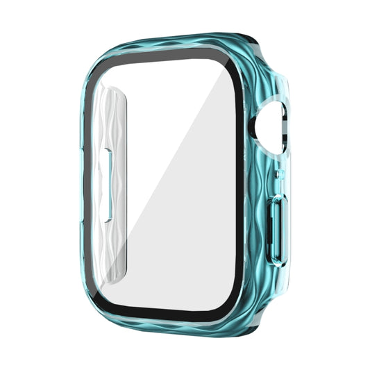 Teal Apple Watch case with clear built-in screen protector and side button openings