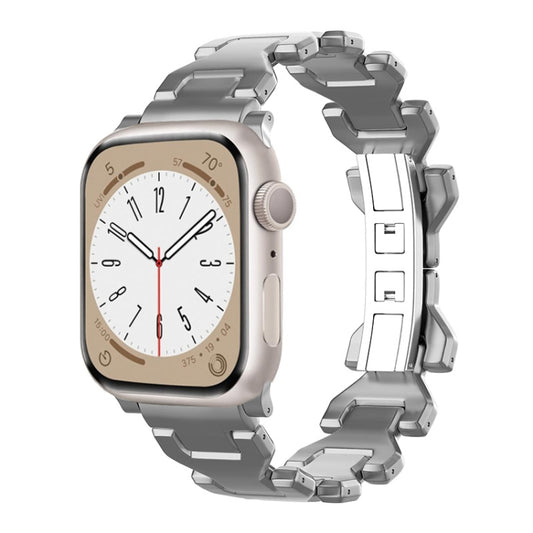 Grey titanium Y-link watch band fitted to a smartwatch, with a folding clasp.