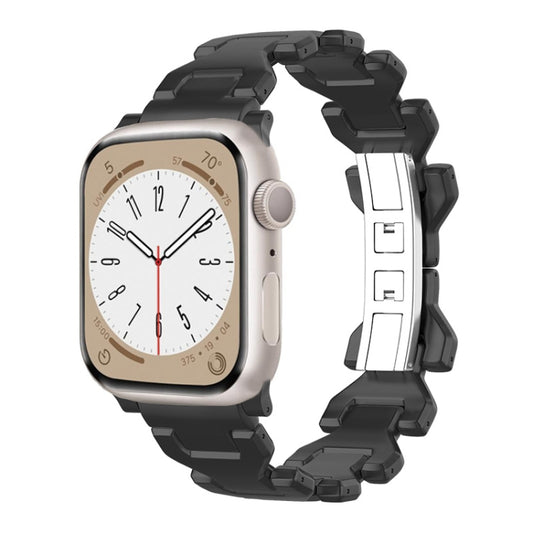 Black titanium link watch band with folding clasp, shown attached to an Apple Watch