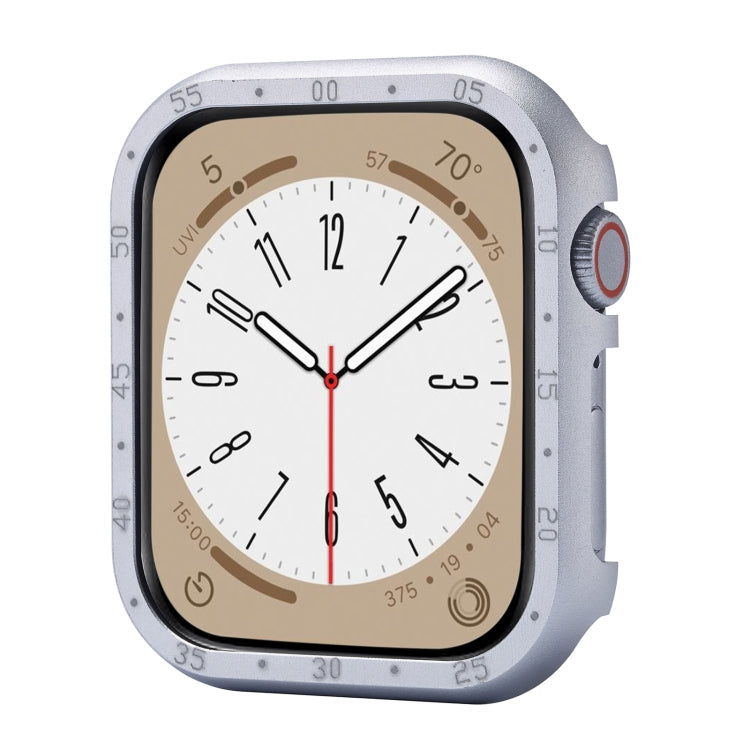 Silver metal Apple Watch case framing the display, with a numbered bezel and crown cover.