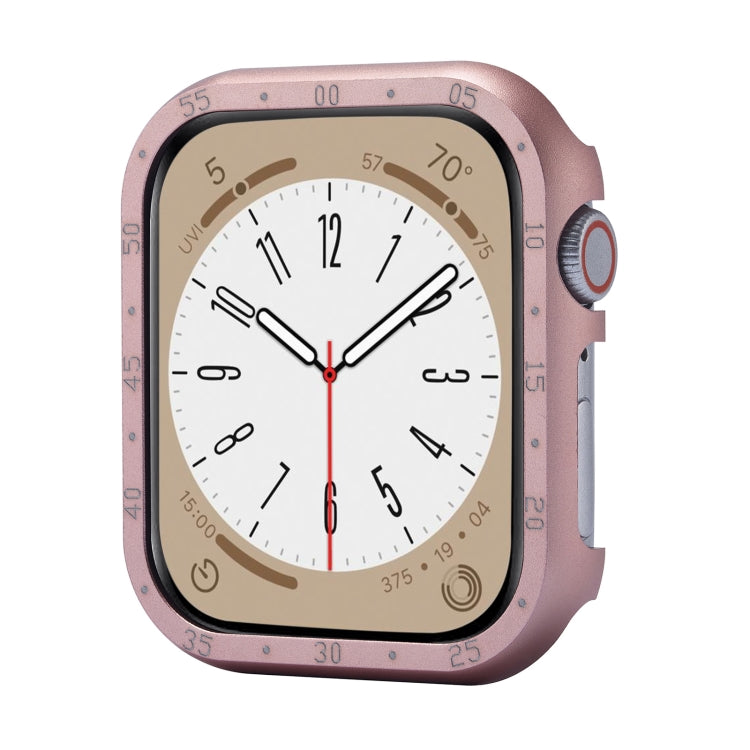 Pink aluminum alloy Apple Watch protective frame case, shown from the front and side