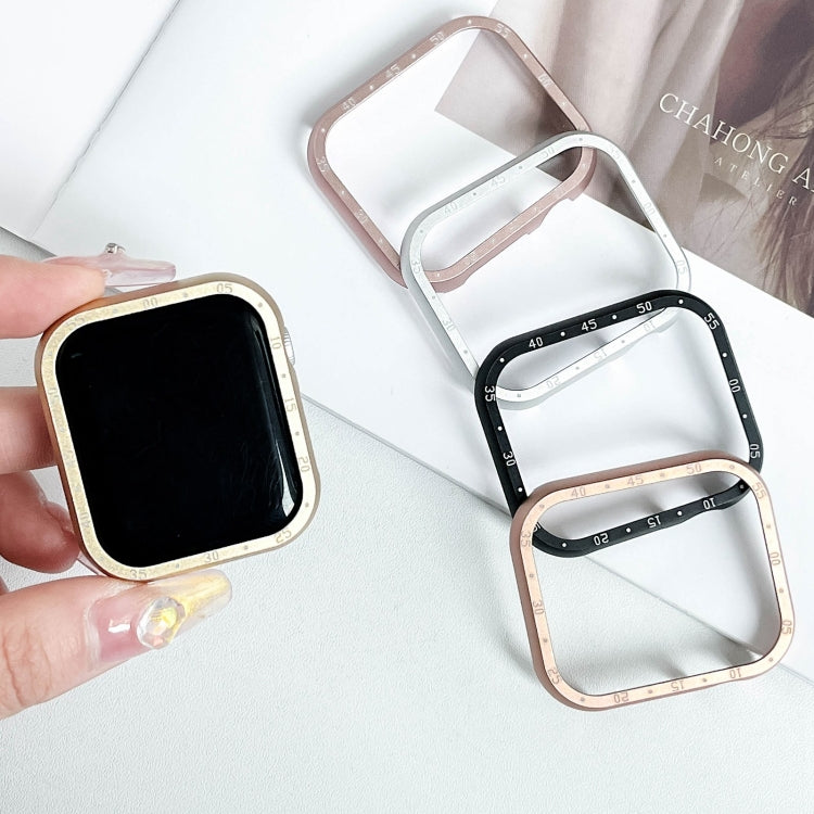 Gold aluminum alloy Apple Watch case fitted on a watch, with other colors shown