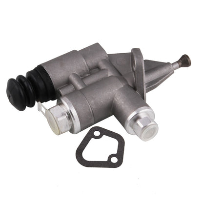 Gray and black car fuel pump with mounting gasket and hose fittings