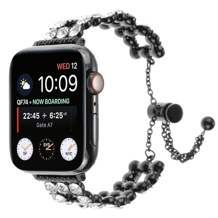 Black metal bracelet watch band with clear rhinestones and adjustable chain clasp, shown on a smartwatch.