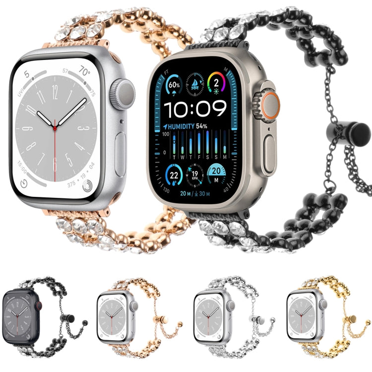 Rhinestone metal watch bands in black, rose gold, silver, and gold, shown on smartwatches
