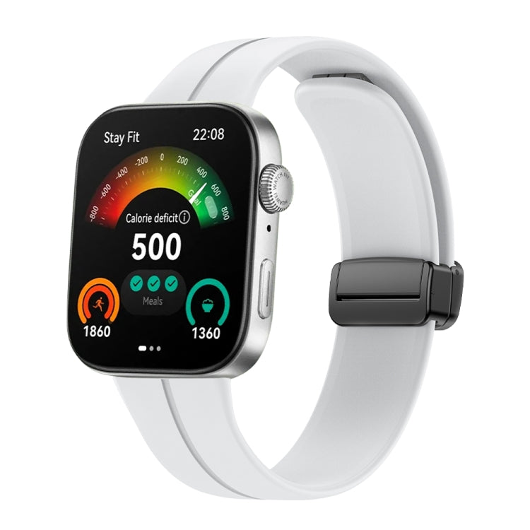 White silicone watch band with black magnetic buckle shown on a smartwatch