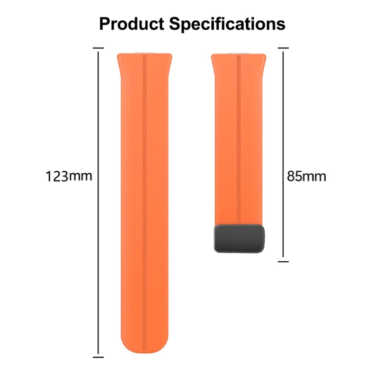 Orange silicone watch band shown in two sections with a black buckle; lengths marked 123 mm and 85 mm