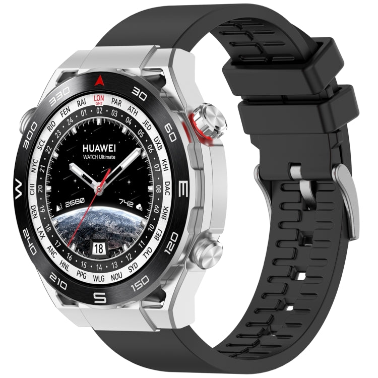 Black fluororubber watch band fitted to a silver Huawei smartwatch