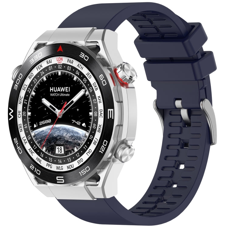 Midnight blue fluororubber watch band fitted to a silver smartwatch.