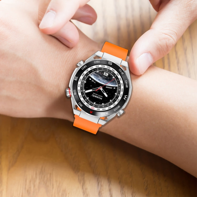 Orange fluororubber watch band shown fastened around the wrist with a silver smartwatch