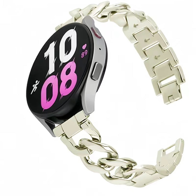 Pale gold metal watch band with interlocking chain links, attached to a round smartwatch.