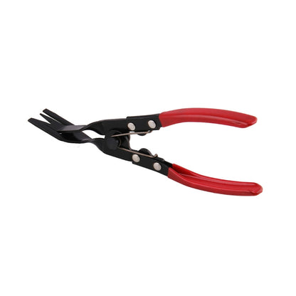 Motorcycle clip removal pliers with red handles and black forked tips
