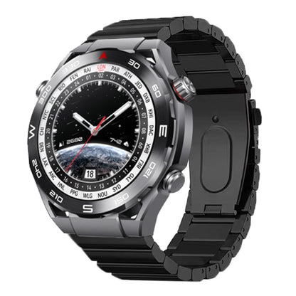 Black titanium alloy watch band with flat links, shown attached to a watch