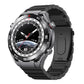 Black flat-link titanium alloy watch band attached to a watch, shown from the front