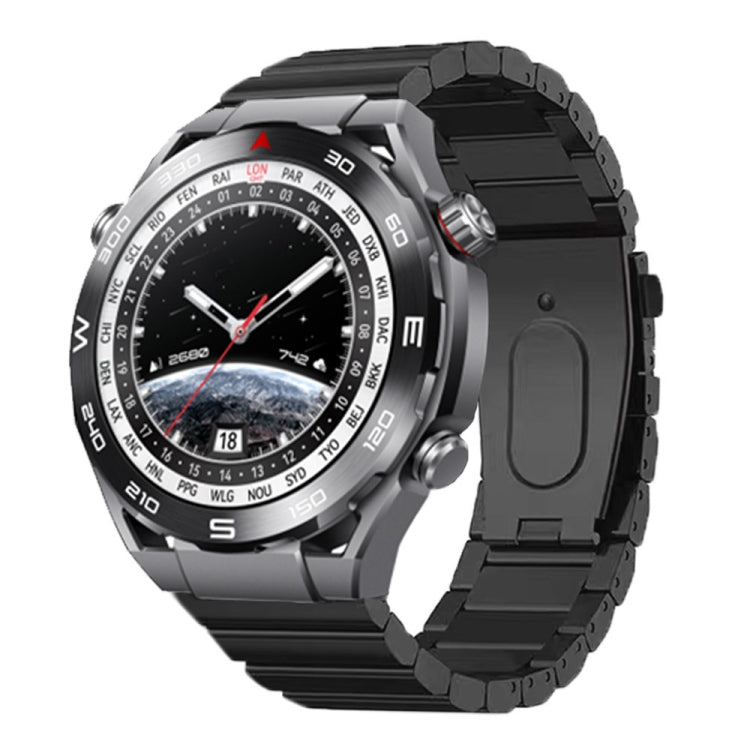 Black flat-link titanium alloy watch band attached to a watch, shown from the front
