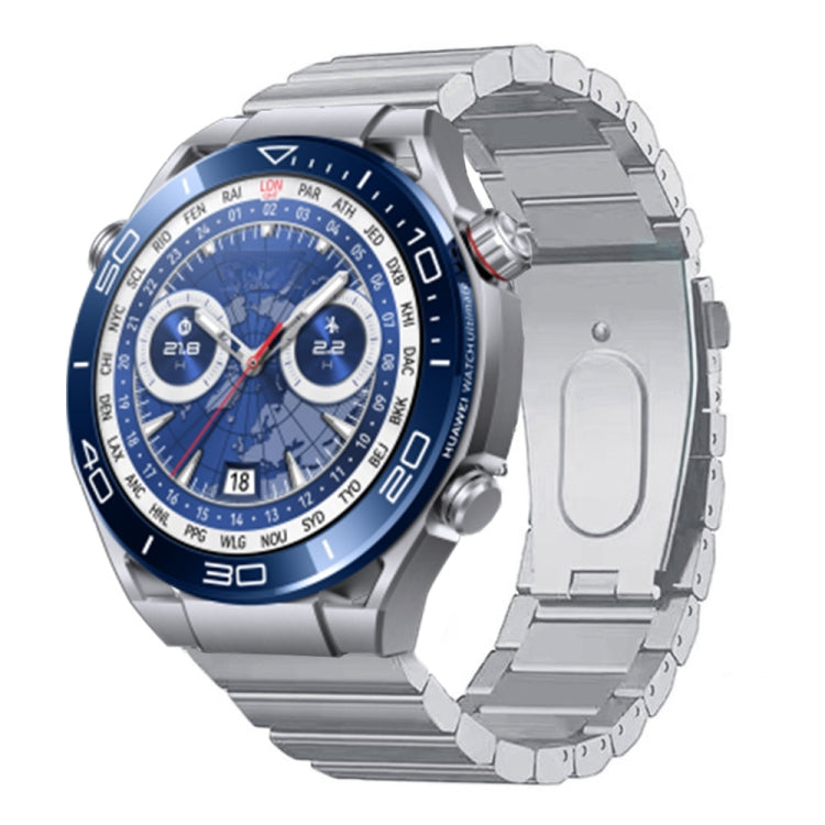 Silver titanium alloy watch band with flat links, shown attached to a watch