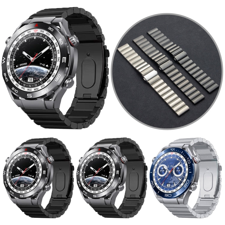 Titanium alloy watch bands in black, gray, and silver, shown with watches