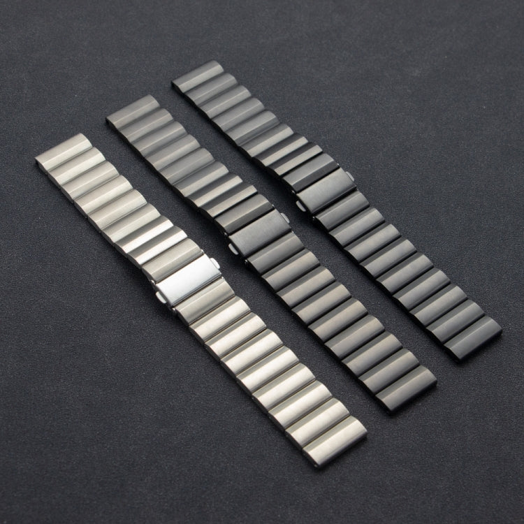 Three titanium alloy watch bands in silver, gray, and dark gray with flat links