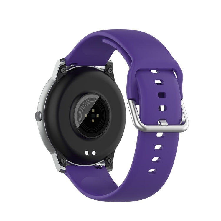 Purple silicone watch strap with metal buckle clasp and vent holes, 22mm