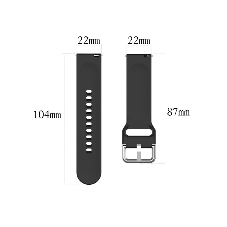 Black silicone watch strap size diagram, 22mm width and 104mm length
