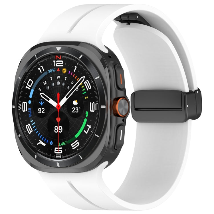 White silicone magnetic folding buckle watch band shown attached to a smartwatch