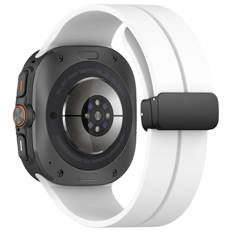 Back view of a white silicone magnetic buckle watch band attached to a smartwatch