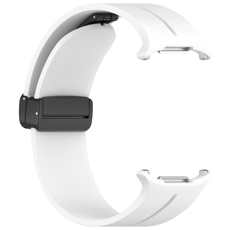 Reverse view of a white silicone magnetic buckle watch band without a watch