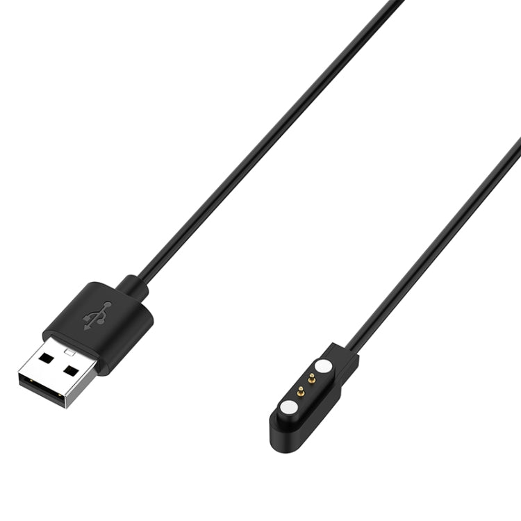 Close-up of black smartwatch cable's USB-A plug and magnetic charging contacts