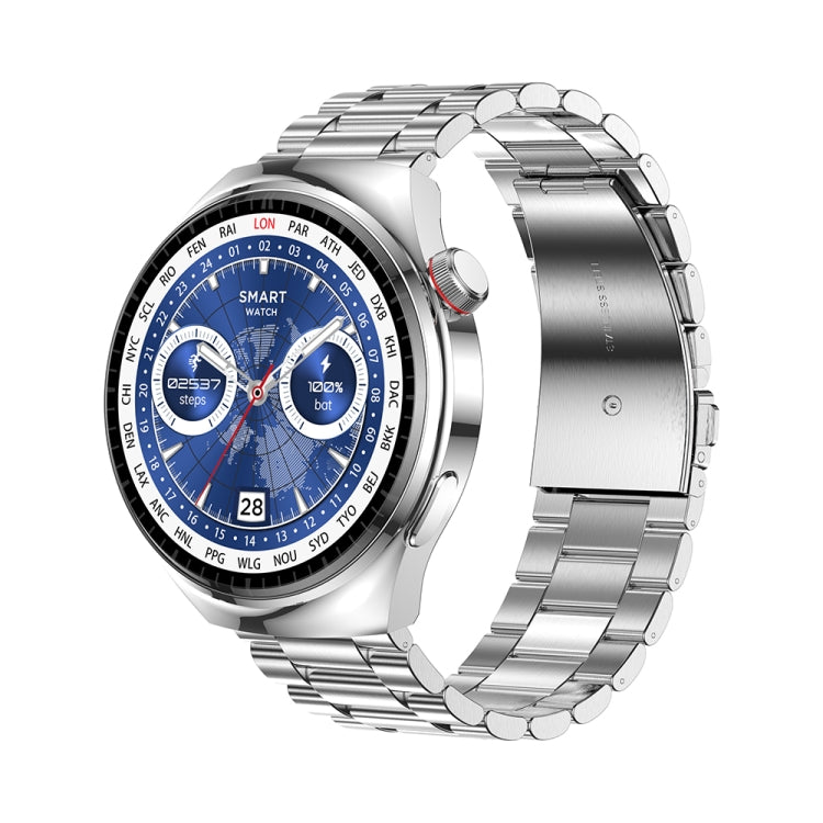 Silver smartwatch with blue analog-style display, round case, and linked steel strap.