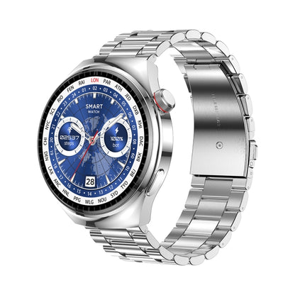 Silver smartwatch with blue analog-style display, round case, and linked steel strap.