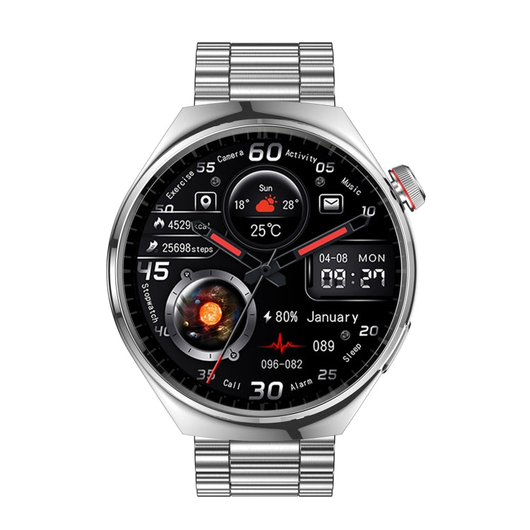 Silver smartwatch with round case, linked steel strap, and black information-rich display.
