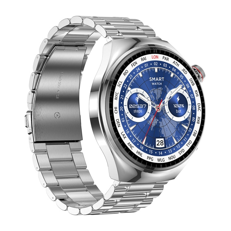 Silver smartwatch with blue display and adjustable linked steel strap, shown from the side.