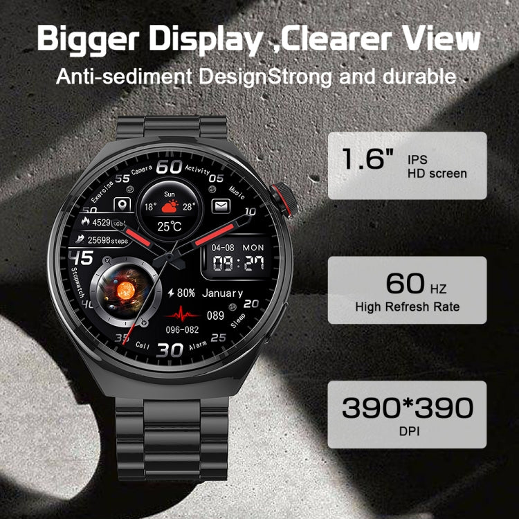 Smartwatch with black linked strap and round display featuring multiple data dials.