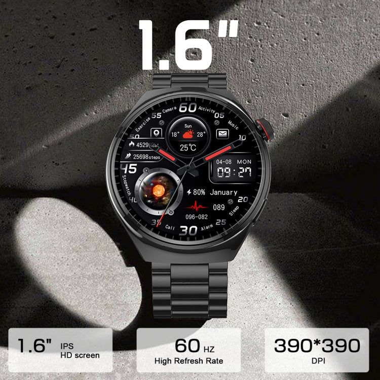 Smartwatch with black linked strap and round display showing fitness and date information.