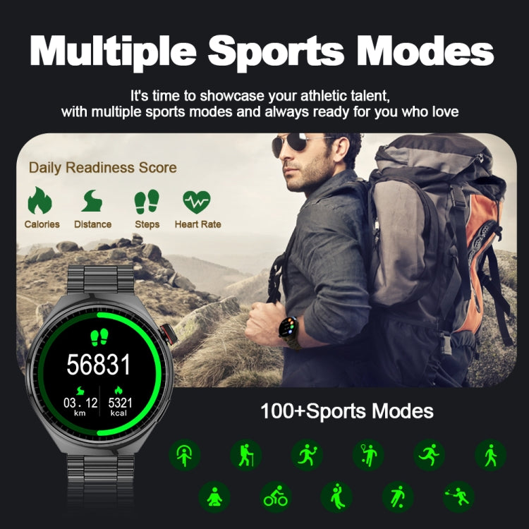 Smartwatch with black linked strap and fitness tracking display.