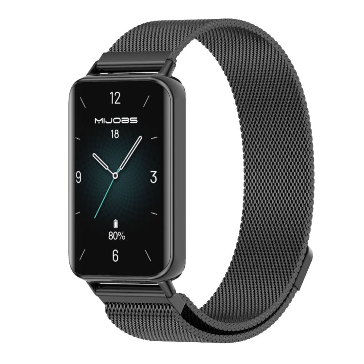Black MIJOBS Milan stainless steel watch band attached to a rectangular smartwatch.