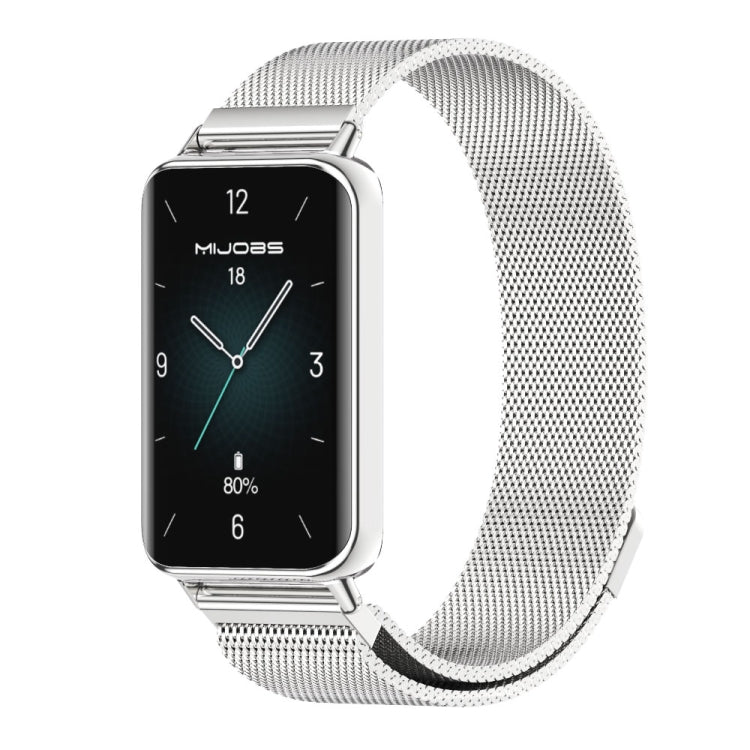 Silver MIJOBS Milan stainless steel watch band attached to a rectangular smartwatch.