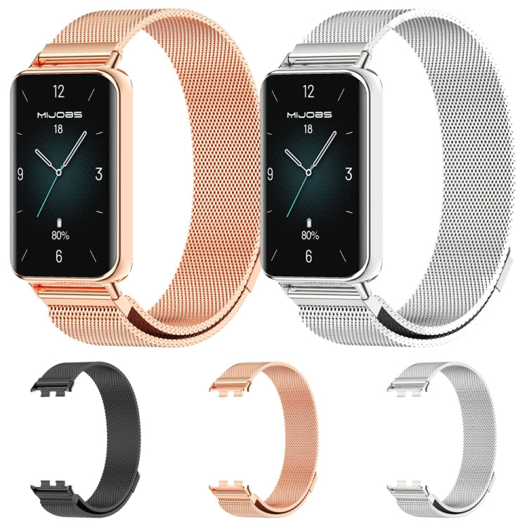 MIJOBS Milan stainless steel watch bands in rose gold, silver, and black.