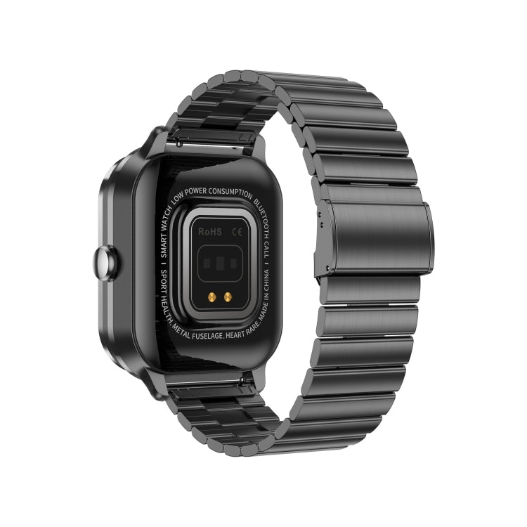 Rear view of smartwatch with metal link strap and built-in earbud charging case