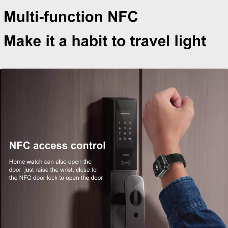 Black smartwatch shown using NFC access control at a door