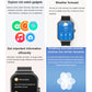 Smartwatch feature panel showing weather, reminders, camera controls, and breathing exercises