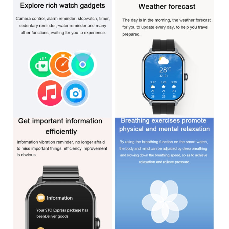 Smartwatch feature panel showing weather, reminders, camera controls, and breathing exercises