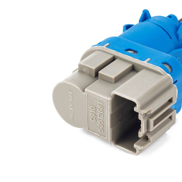 Brake light switch connector with blue module and gray latch housing