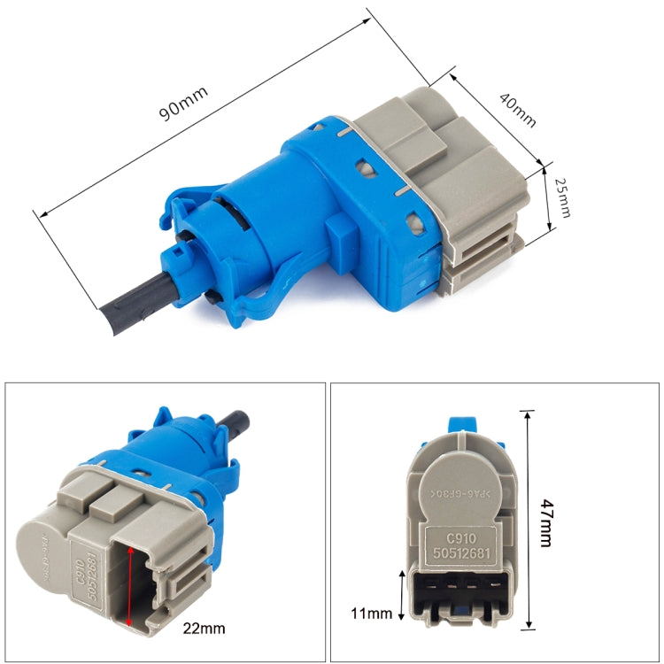 Brake light switch with blue and gray body, shown with size measurements