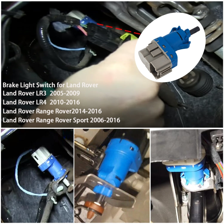 Brake light switch installed near vehicle wiring, with blue connector and gray plug