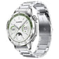Silver stainless steel watch band with curved links, shown attached to a Huawei watch.