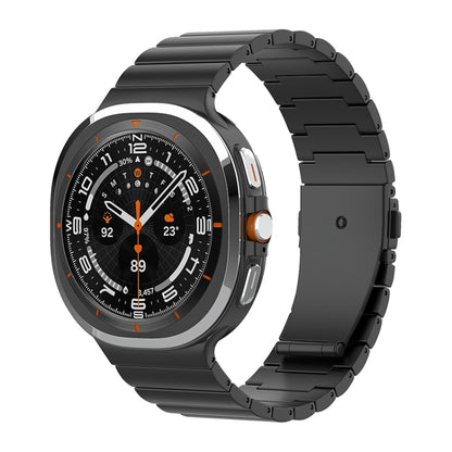 Black titanium watch band with a linked flat-buckle design, shown on a smartwatch