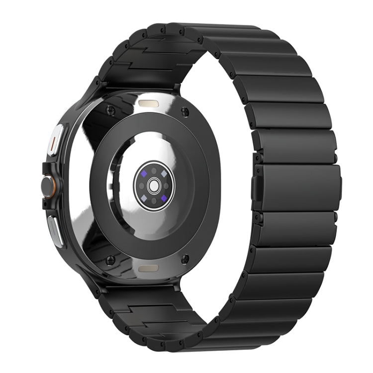 Back view of a black linked titanium watch band fitted to a smartwatch
