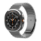 Gray titanium watch band with linked flat-buckle design, shown on a smartwatch