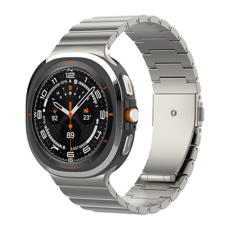 Titanium-color linked watch band with a flat buckle, shown on a smartwatch